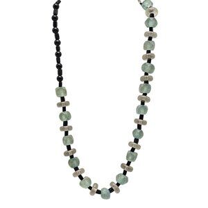 Handcrafted Recycled Green Glass Black Bead Necklace With Toggle Clasp